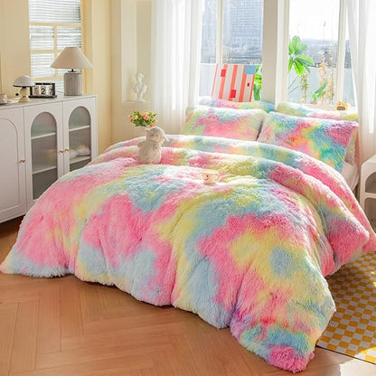 chovy Faux Fur Plush Tie-Dyed Pink Comforter Sets Twin/Full Size - Ultra Soft Shaggy Flannel Velvet Fluffy Fuzzy 3PC Bedding Set （Comforter x 1 Pillowcases x 2）