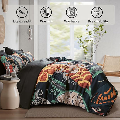 Black Boho Floral King Comforter Set - 3 Piece Farmhouse Botanical Bedding Comforter Sets for All Season Soft Lightweight Mid Century Modern Bed Set, (1 Reversible Comforter and 2 Pillow Shams