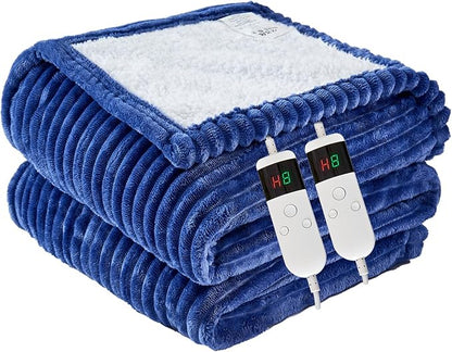 Heated Blanket Electric Queen, Soft Flannel Heating Blanket with 8 Hours Auto Off 10 Fast Heating Levels Machine Washable Sherpa Heated Blanket with Overheating Protection
