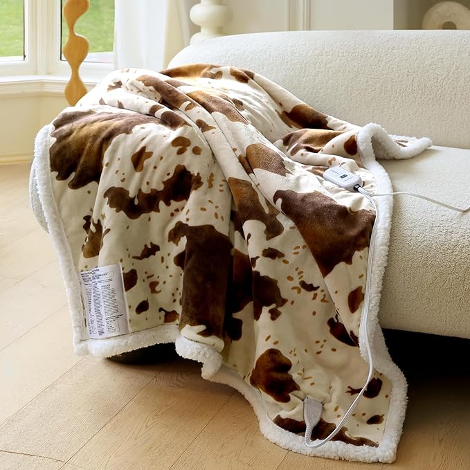 Cow Print Heated Throw Blanket Electric Blanket-Heating Blanket Throw with 10 Heat Levels & 10 Hours Auto-Off, Cozy Soft Fleece Sherpa, Washable, 50 x 60 Inches Cow Print Apricot