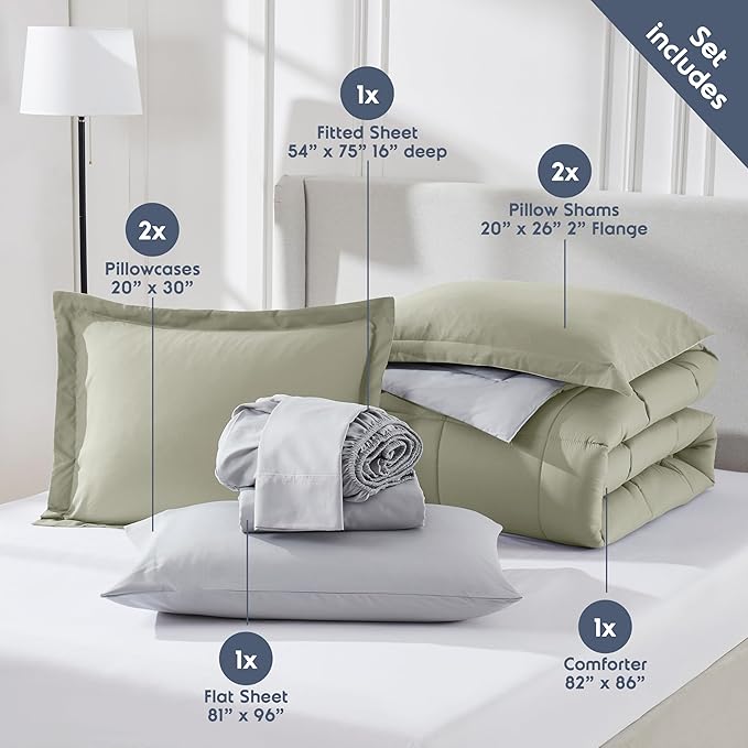 Nestl 7 Piece Full Comforter Set – Light Sage Reversible Bed in a Bag – Complete Full Size Bedding Set with Sheets, Pillowcases and Shams