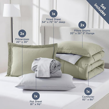 Nestl 7 Piece Full Comforter Set – Light Sage Reversible Bed in a Bag – Complete Full Size Bedding Set with Sheets, Pillowcases and Shams