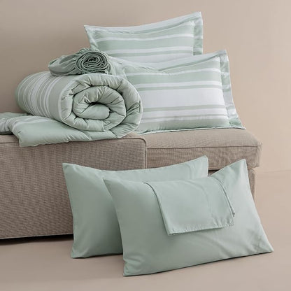 Bedsure Twin XL Comforter Set 5 Pieces, Sage Green Striped Bedding Set for All Seasons, Reversible, Cationic Dyeing Bed in a Bag with Comforter, Sheets, Pillowcase & Sham