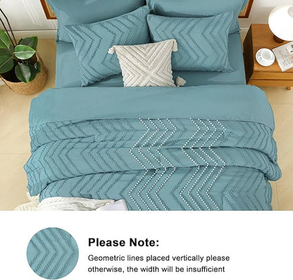 Litanika Grayish Teal California King Size Comforter Set with Sheets - 7 Pieces Bed in a Bag California King Boho Tufted Complete Bedding Sets with Comforter, Sheets, Pillowcases & Shams