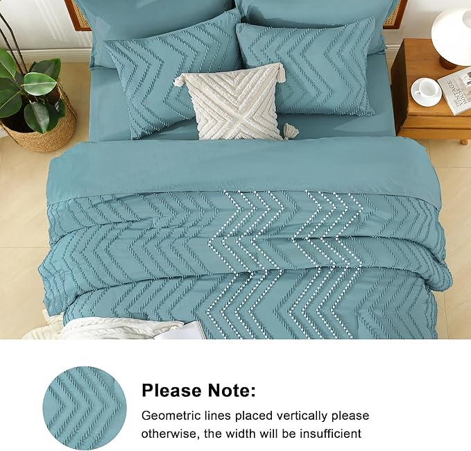 Litanika Grayish Teal King Size Comforter Set with Sheets - 7 Pieces Bed in a Bag King Boho Tufted Complete Bedding Sets with Comforter, Sheets, Pillowcases & Shams