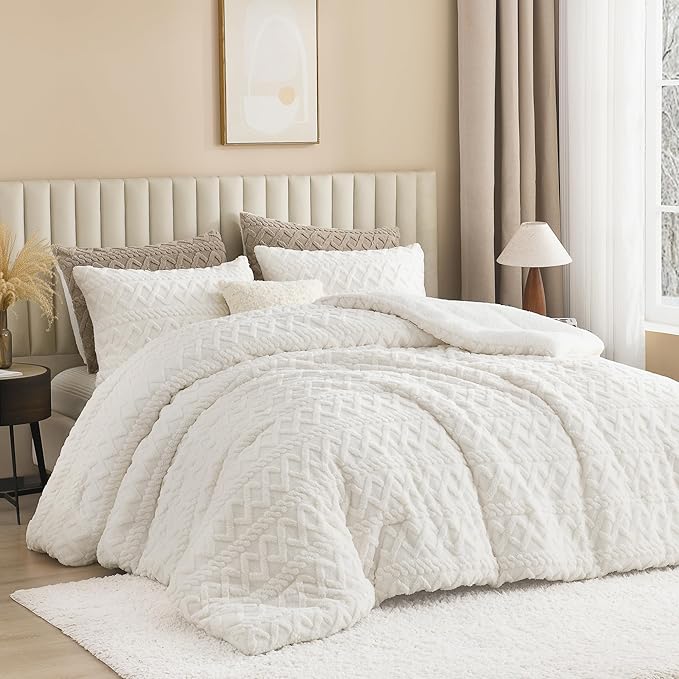 Andency Fluffy Sherpa Full Comforter Set, Super Soft White Fleece Warm Bedding for Winter, Luxury Jacquard Boho Thick Fuzzy Plush Bed Set 3 Pieces(1 Shaggy Comforter, 2 Pillowcases)