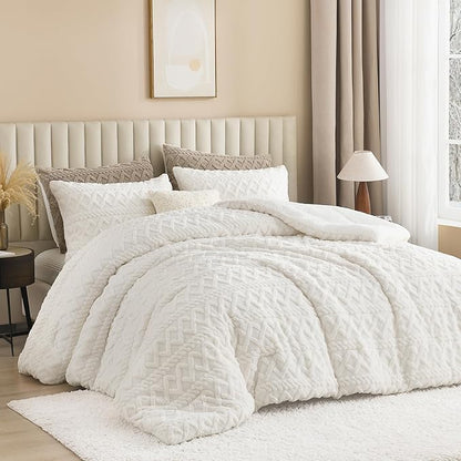 Andency Fluffy Sherpa Full Comforter Set, Super Soft White Fleece Warm Bedding for Winter, Luxury Jacquard Boho Thick Fuzzy Plush Bed Set 3 Pieces(1 Shaggy Comforter, 2 Pillowcases)