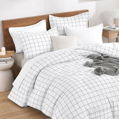 Andency Full Size Comforter Sets, White Gingham Plaid Grid Checkered Bedding Comforter Set for Teens Boys Girls Kids, 3 Pieces Lightweight Reversible Preppy Bedding Set(79x90 Inch)