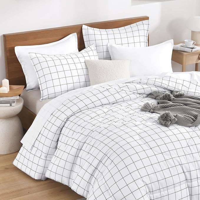 Andency Twin Comforter Set, White Gingham Plaid Grid Checkered Twin Bed Comforter Set for Dorm Boys Girls Teens Kids, 2 Pieces Lightweight Reversible Preppy Bedding Sets(66x90 Inch)
