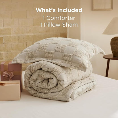 Bedsure Twin/Twin XL Size Comforter Set Beige, Boho Tufted Bed Set, Checkered Farmhouse Shabby Chic Bedding, 2 Pieces, 1 Plaid Geometric Comforter and 1 Pillow Sham