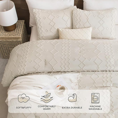 Andency Beige Tufted Comforter Set Queen, 3 Pieces(1 Comforter, 2 Pillowcases) Farmhouse Bedding Set with Soft Microfiber Down Alternative Geometric Pattern
