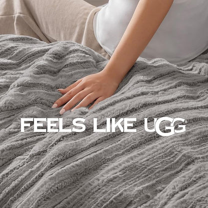 UGG Kenzie Full/Queen Comforter Set with 2 Pillow Shams Plush Faux Fur Bedding Soft Warm Down Alternative Comforter Washable Hypoallergenic Fluffy Blanket Set for Bedroom, Full/Queen Size, Seal Grey