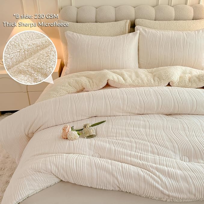 3D Striped Jacquard Sherpa Comforter Set King Size, Geometric Pattern Boho Quilt Bedding 3 Pieces Warm Cozy Fuzzy Comforter with 2 Pillowcases(104"X90" Ivory White)