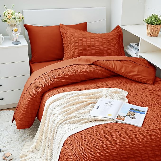 HYMOKEGE Burnt Orange Twin XL Comforter Set Seersucker 5 Pieces, All Season Luxury Bed in a Bag for Bedroom, Bedding Set with Comforter, Sheets, Pillowcase & Sham