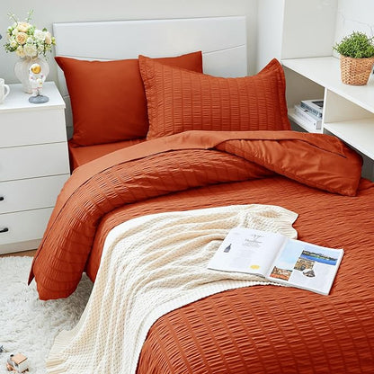 HYMOKEGE Burnt Orange Twin XL Comforter Set Seersucker 5 Pieces, All Season Luxury Bed in a Bag for Bedroom, Bedding Set with Comforter, Sheets, Pillowcase & Sham