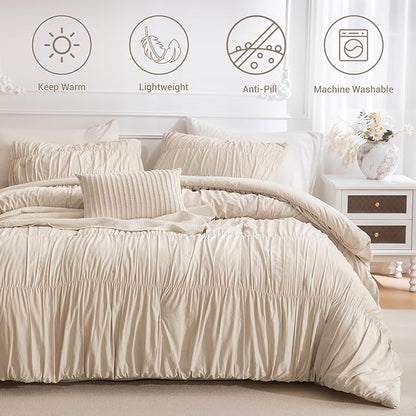 Lady Ann Queen Comforter Set - Wheat Ruched Boho Bedding Comforter Sets for Bedroom, 3 Piece Fluffy Bedroom Set with Pillow Shams Ultra Soft All Season Bed Sets