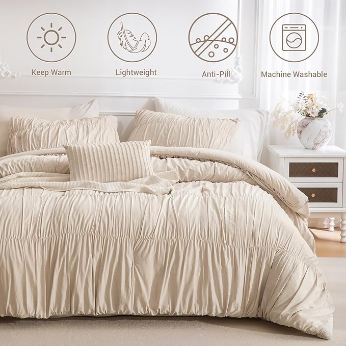 Lady Ann King Bed Comforter Set 104"*90 - Wheat Ruched Boho Bedding Comforter Set for Bedroom, 3 Piece Fluffy Bedroom Set with Pillow Shams Ultra Soft All Season Bed Sets for Women Men