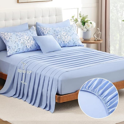WONGS BEDDING King Size Comforter Set, 8 Pieces Blue Floral Bed in a Bag Comforter Sets, Botanical Print Soft Fluffy Microfiber Complete Bedding Sets for All Season (90"x104")