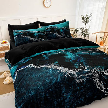 Black Marble Comforter Set 8 Pcs Turquoise Blue Bedding Set King Size Bed in A Bag Blue and Black Stone Texture Abstract Room Decor Black Marble Bed Comforter