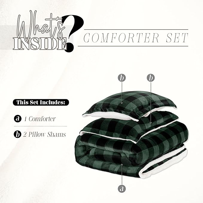Elegant Comfort 3-Piece Buffalo Lodge-Plaid Comforter Set, Luxurious, Heavyweight, All Season, Down Alternative-Micromink Sherpa-Backing Reversible Micro-Suede, Soft and Plush, Queen, Green
