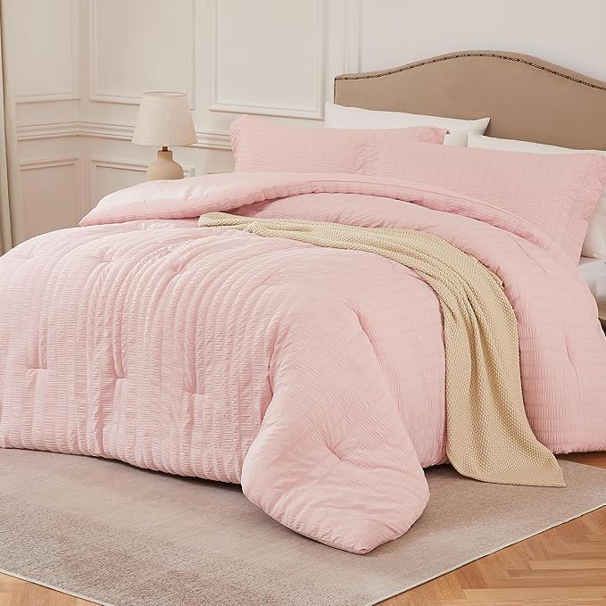 Pink Twin/Twin XL Comforter Set - 2 Pieces Seersucker Lightweight Bedding Comforter Sets (1 Soft Fluffy Comforter & 1 Pillowcase) - All Seasons Cozy Modern Bed Sets for Women Men