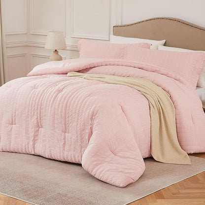 Pink King Comforter Set - 3 Pieces Seersucker Lightweight Bedding Comforter Sets (1 Soft Fluffy Comforter & 2 Pillowcases) - All Seasons Cozy Cute Bed Sets for Women Girls