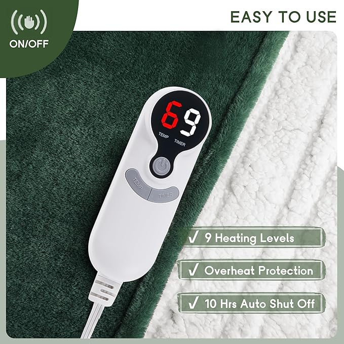 Heated Blanket Electric Blanket Full Size 72''x84'' with 5 Heating Levels, 10 Hour Auto Shut Off, Machine Washable, Flannel & Sherpa Soft Warming Blanket for Couch, Bed, Office - Grass Green