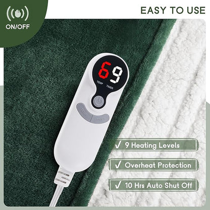 Heated Blanket Electric Blanket Full Size 72''x84'' with 5 Heating Levels, 10 Hour Auto Shut Off, Machine Washable, Flannel & Sherpa Soft Warming Blanket for Couch, Bed, Office - Grass Green