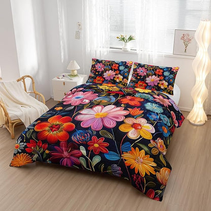 Colorful Flower Comforter Set Twin Size 3 PCS Bed in a Bag,Cute Floral Bedding Set for Girls Teens,Ultra Soft Microfiber Comforter Bed Set with 3-Pieces, Floral Bedroom Decor with Pillowcases