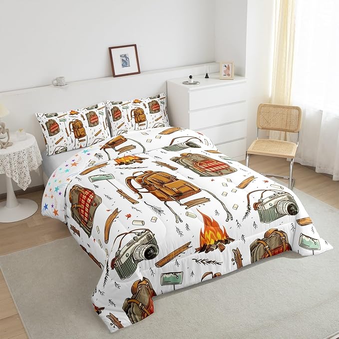 Feelyou Camping Comforter Set Toddler Size Camper Comforter Accessories for Travel Trailers Bedding Set Camping Backpack Print Duvet Set Room Decor Jade White Quilt Set