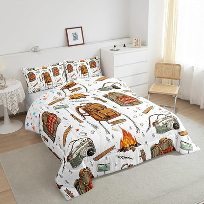 Feelyou Camping Comforter Set Queen Size Camper Comforter Accessories for Travel Trailers Bedding Set Camping Backpack Print Duvet Set Room Decor Jade White Quilt Set