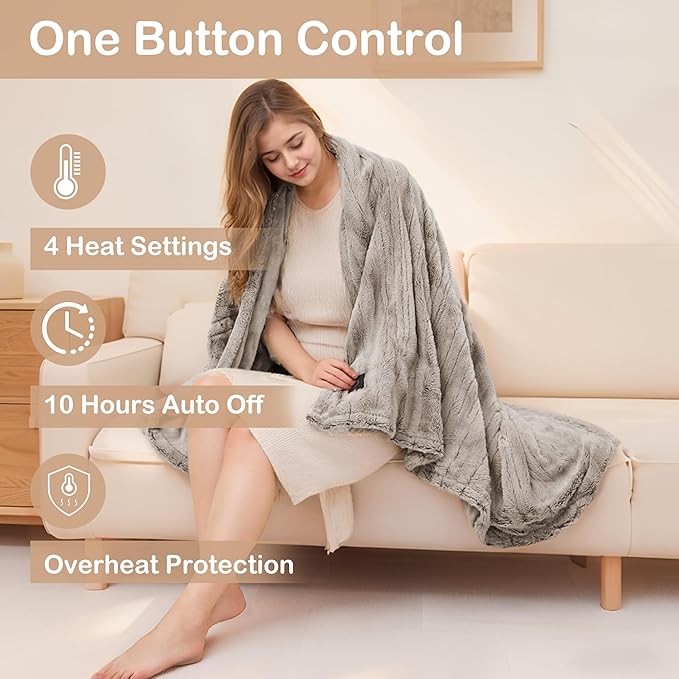 Electric Heated Blanket Throw Size 50"x60", Fast Heating Throw, Plush Faux Fur for Sofa & Office,4 Heating Levels & 10 Hours Auto Off, Machine Washable, Gifts for Family-Light Brown
