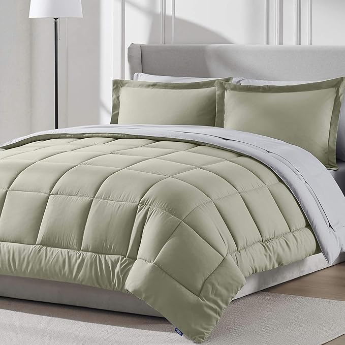 Nestl 7 Piece Queen Comforter Set – Light Sage Reversible Bed in a Bag – Complete Queen Size Bedding Set with Sheets, Pillowcases and Shams