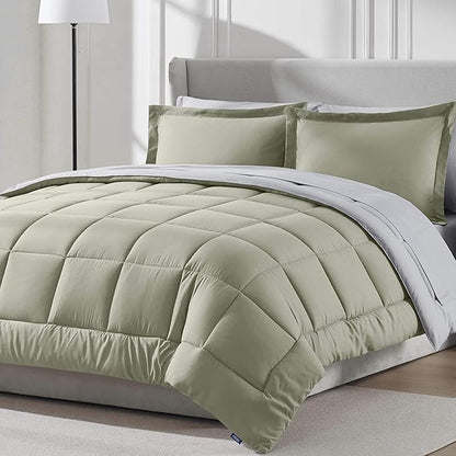 Nestl 7 Piece California King Comforter Set – Light Sage Reversible Bed in a Bag – Complete Cal King Size Bedding Set with Sheets, Pillowcases and Shams