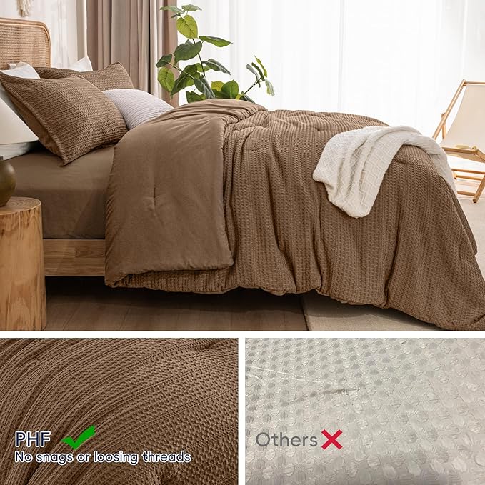 PHF Soft Waffle Comforter Set Queen Size- Comfy Breathable Waffle Weave Comforter with 2 Pillow Shams, 3 Pieces Less Snagging Lightweight Textured Bedding Set for All Season, Mocha/Cocoa Brown