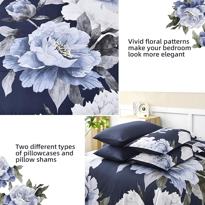 Dobuyly Navy Blue King Size Comforter Set 7 Piece Bed in a Bag, Floral Comforter Set with Sheets, Soft Microfiber Botanical Flowers Complete Bedding Set for All Season