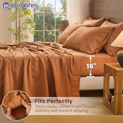 Bedlifes 100% French Pure Linen Sheets King Size Breathable and Cooling Flax Sheet Set Soft Durable and Moisture Wicking 16 Inch Deep Pocket-4 Piece(King,Brown)