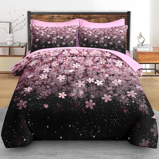 Comforter Set Full Size, Pink Cherry Flower 7 Pcs Bedding for Kids and Adults, Blossom Floral Bed Sheet Sets with Fitted Sheet 2 Pillowcases & 2 Shams for Bedroom Bed Decor
