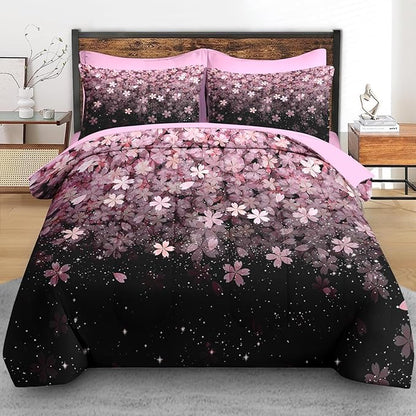 Comforter Set Queen Size, Pink Cherry Flower 7 Pcs Bedding for Kids and Adults, Blossom Floral Bed Sheet Sets with Fitted Sheet 2 Pillowcases & 2 Shams for Bedroom Bed Decor