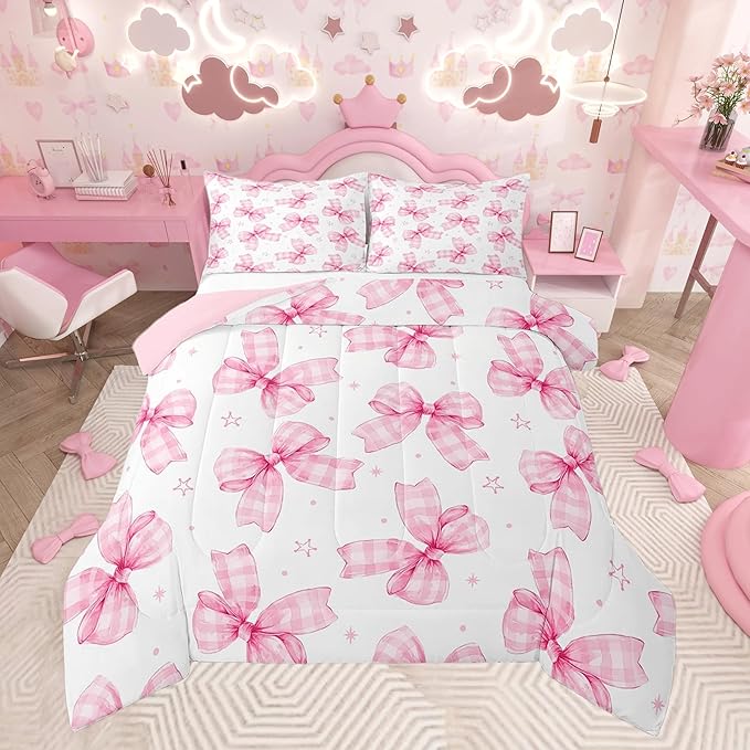 Feelyou Cute Bowknot Comforter Set Twin Size Plaid Bow Bedding Set Pink Girls Bow Comforter Kawaii Duvet Lovely Quilt 2Pcs
