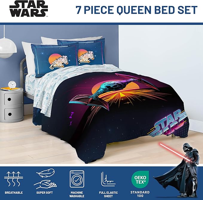 Jay Franco Kids Comforter Set Includes Sheets and Pillow Covers - Soft and Cozy Bed Set for Stylish Room Decor, Blue - Star Wars 02, 7 Piece Queen Size Bedding
