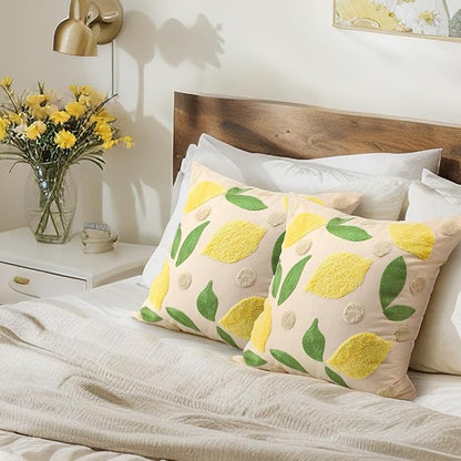 2 Pcs Lemon Embroidered Pillow Covers 18 x 18 Inch Summer Fruit Jacquard Decorative Pillow Covers, Green Leaf and Lemon Farmhouse Soft Plush Pillowcase for Sofa Bed
