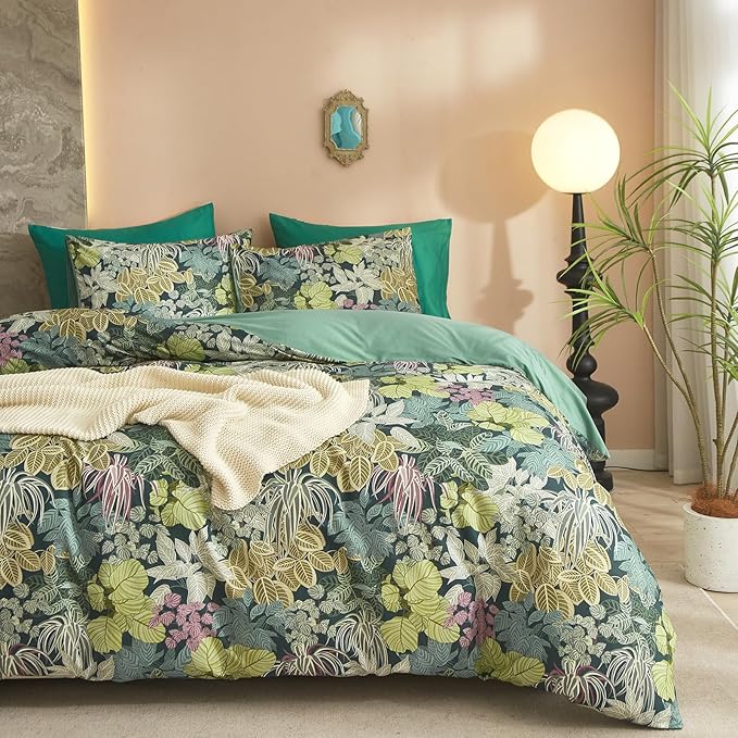 HighBuy Luxury Soft Comforter Set King Size Topical Green Leaves Cottagecore Comforter Set Fluffy Aesthetic Bedding Comforter Modern Style with 2 Pillowcases for Women Men
