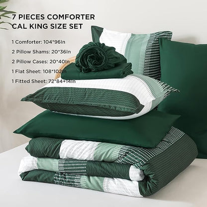 Andency California King Comforter Set Emerald Green - 7 Pieces Striped Lightweight Bed in a Bag, Soft Microfiber Reversible Bedding Set with Comforter, Fitted & Flat Sheet, Pillowcases & Shams