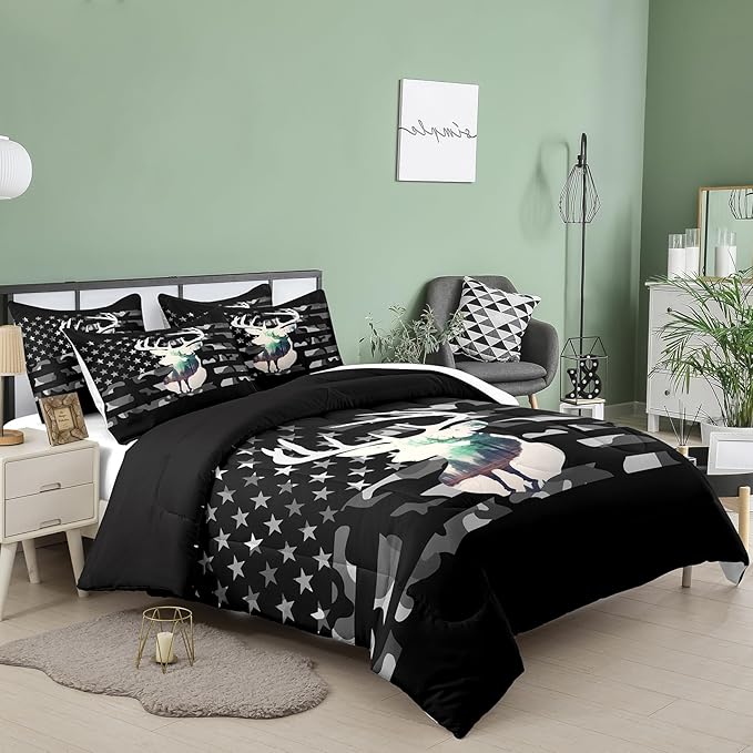 NINENINE Camo Deer Comforter Sets Hunting Comforter,Queen Size Bedding Sets for Boys, Western Comforter Sets Geometric Plaids Bedding Sets with 1 Comforter 2Pillowcases…