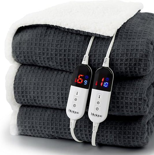 Heated Blanket Electric Blanket Queen Waffle, 84x90 Inches Dual Controllers Sherpa Fleece Fast Heating Blanket 6 Heating Levels & 10 Hours Auto Off ETL Certification,Charcoal Grey Queen