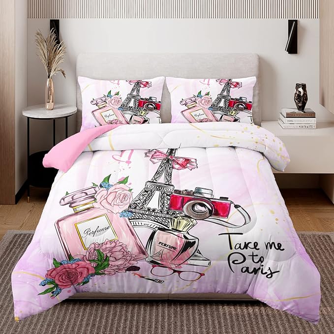 HOSIMA Pink Paris Bedroom Comforter Set, French Eiffel Tower Bedding Sets, Romantic Paris Decor for Bedroom, Fluffy Comforter 3 Pcs Twin Size