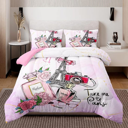 HOSIMA Pink Paris Bedroom Comforter Set,French Eiffel Tower Bedding Sets Romantic Paris Decor for Bedroom,Paris Bedding Sets for Girls Women Room Decor Fluffy Comforter Queen Size with 2Pillowcases.