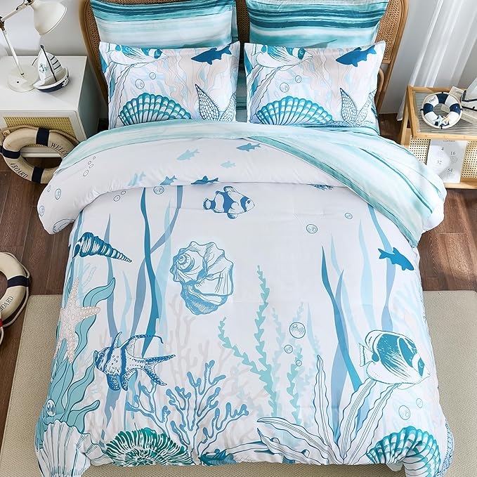 WONGS BEDDING Coastal King Size Comforter,7 Pieces Beach Nautical Themed Bed in a Bag Bedding Set,Ocean Coral Seashell Pattern Soft Warm Comforters for All Season, 104"x90"