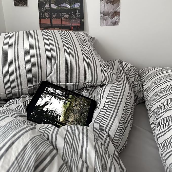 mixinni Vintage Grey & White Striped Comforter Set Queen Size - Soft Washed Cotton 3-Piece Neutral Bedding Set, Retro Geometric Pattern, All-Season Breathable & Fluffy for Men, Boys